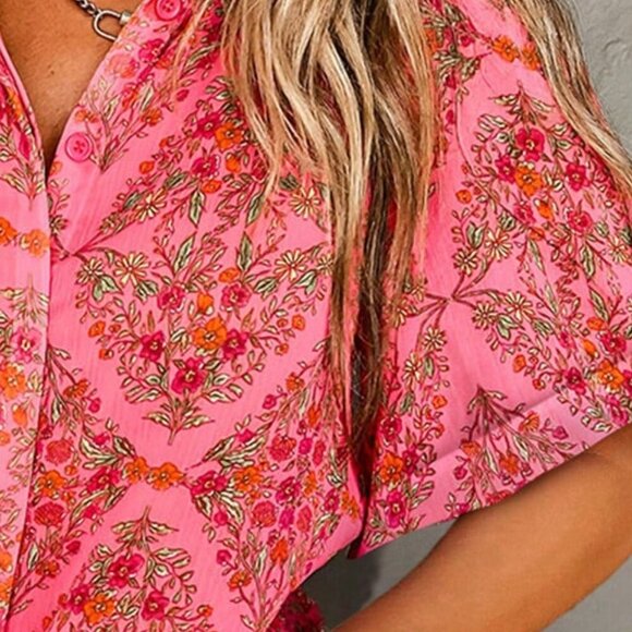 Pink Boho Women's Floral Printed Short Sleeved Shirt - Picture 3 of 3